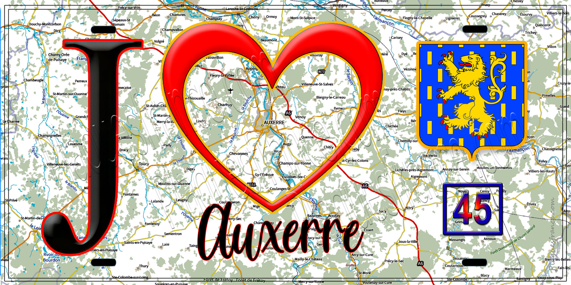 Plaque métal décorative  J' ❤️ Auxerre, Yonne 89 fond carte