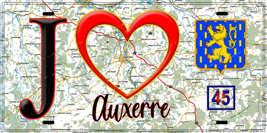 Plaque métal décorative  J' ❤️ Auxerre, Yonne 89 fond carte