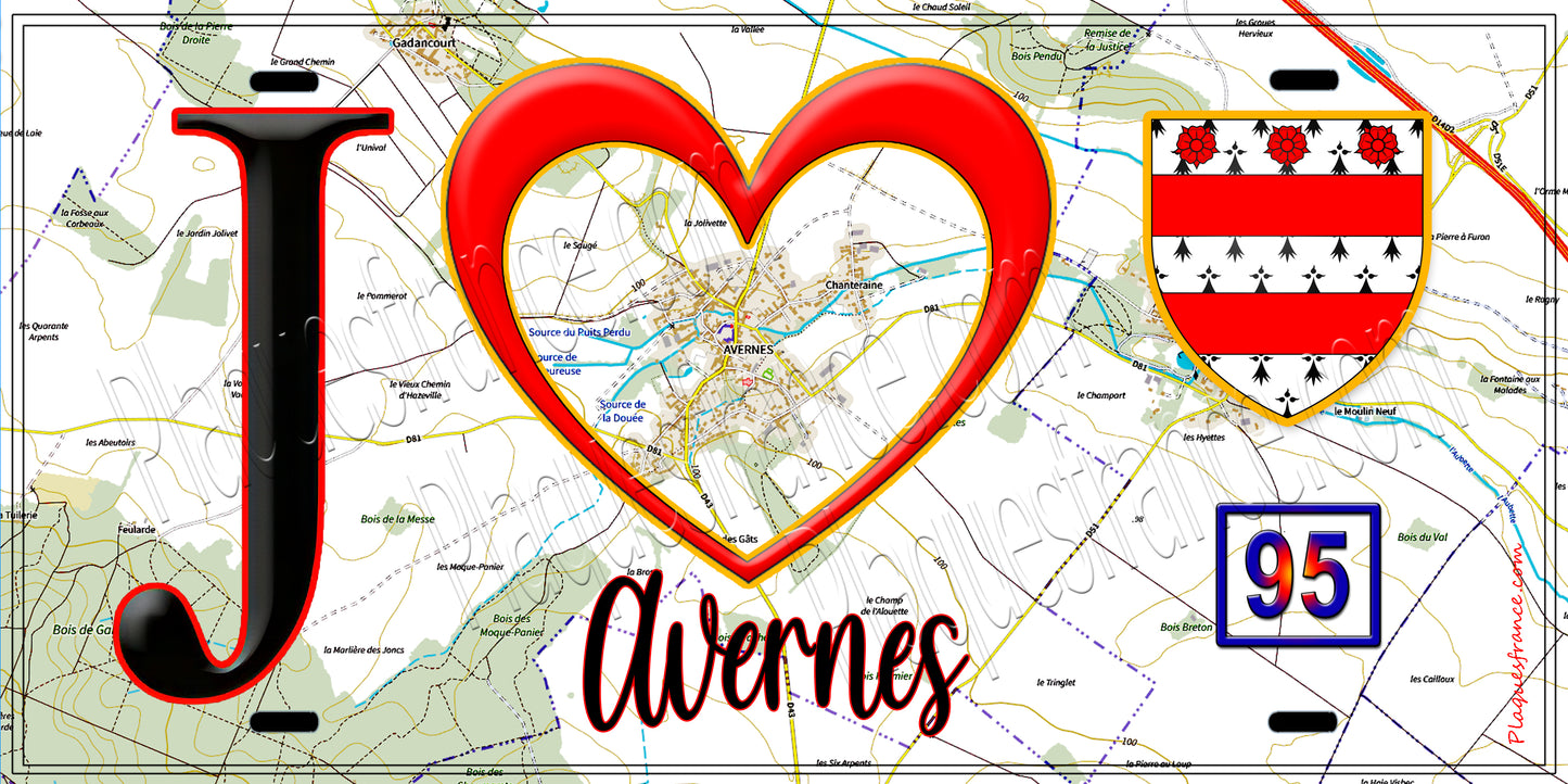 Plaque métal décorative  J' ❤️Avernes, Val d'Oise (95) - Plaquesfrance.com