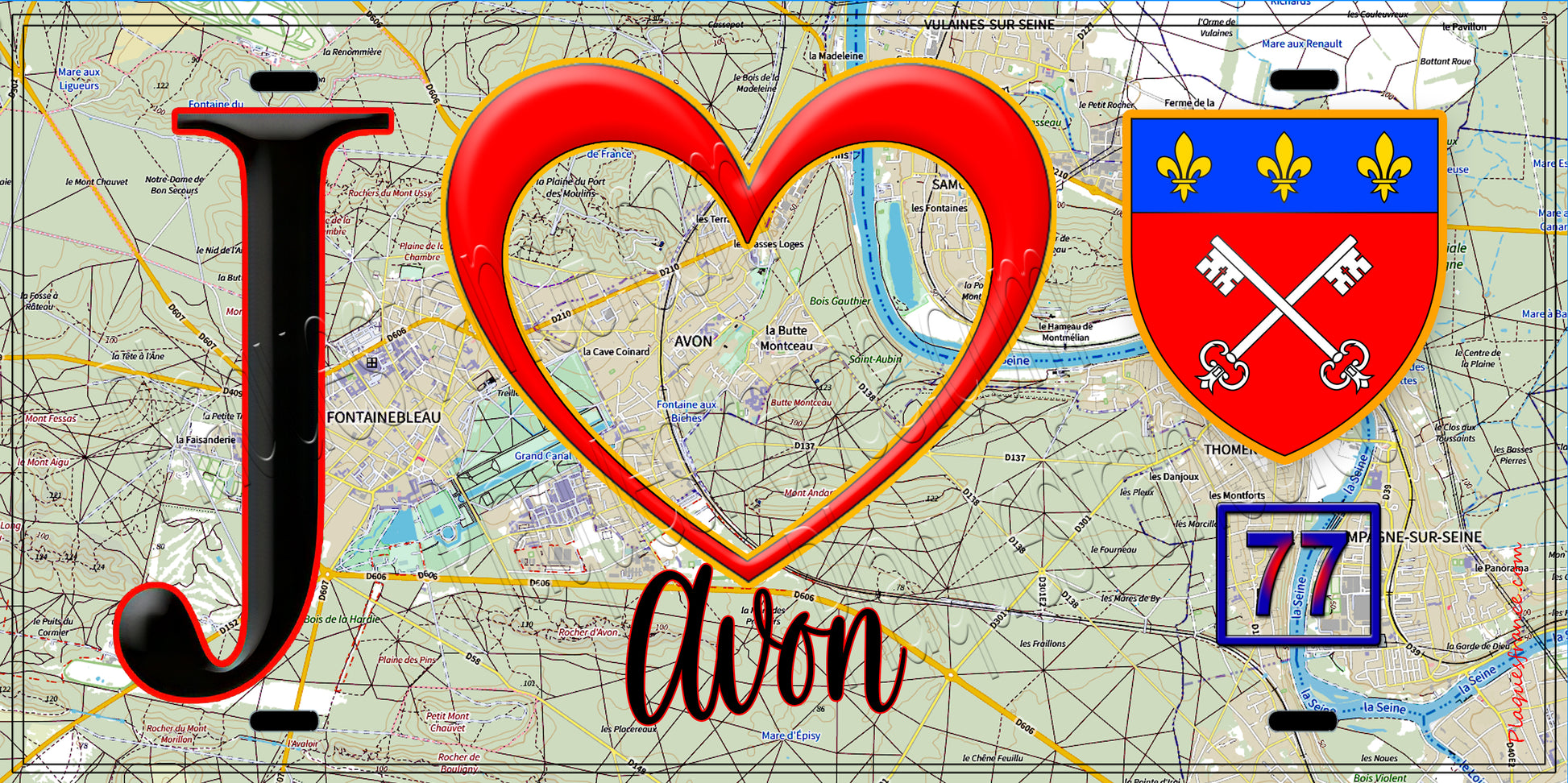 Plaque métal décorative  J' ❤️Avon, Seine et Mrne (77) fond carte