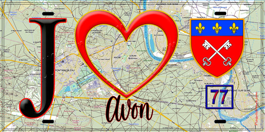 Plaque métal décorative  J' ❤️Avon, Seine et Mrne (77) fond carte