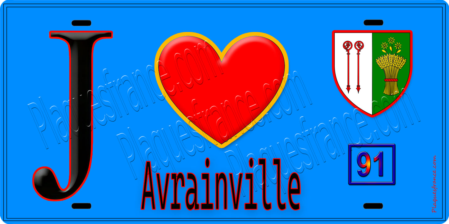 Plaque métal décorative  J' ❤️Avrainville, Essonne (91) fond bleu