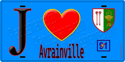 Plaque métal décorative  J' ❤️Avrainville, Essonne (91) fond bleu