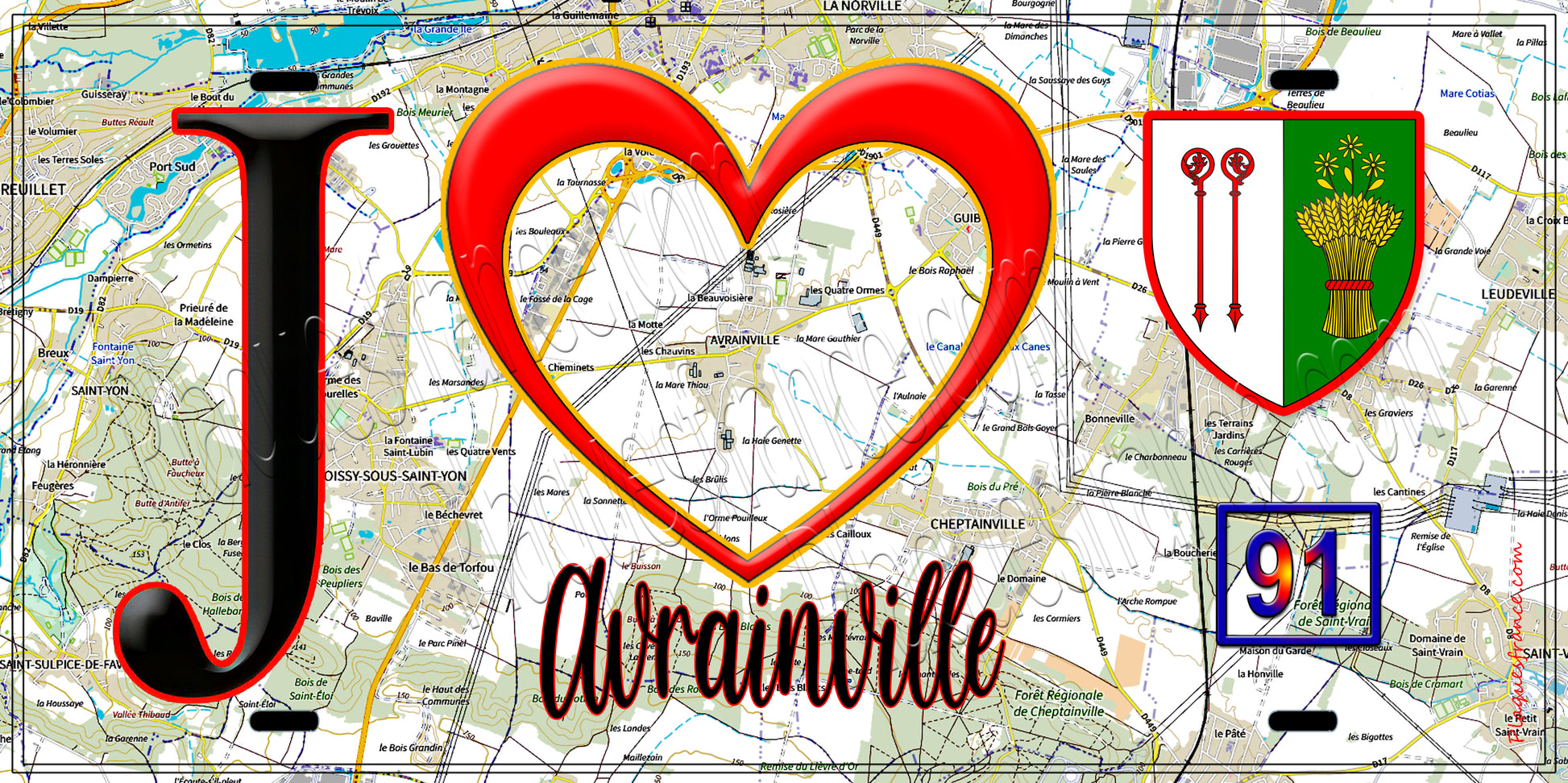 Plaque métal décorative  J' ❤️Avrainville, Essonne (91) fond carte