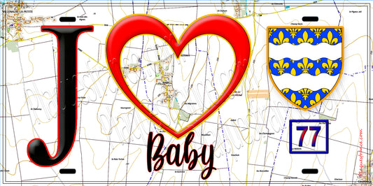 Plaque métal décorative  J' ❤️Baby, Seine et Mrne (77) fond carte