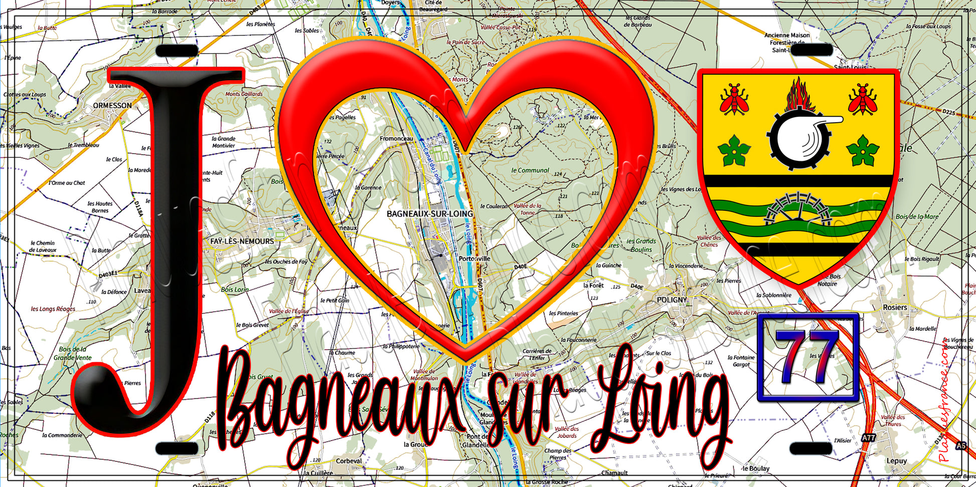 Plaque métal décorative  J' ❤️Bagneaux-sur-Loing, Seine et Mrne (77) fond carte