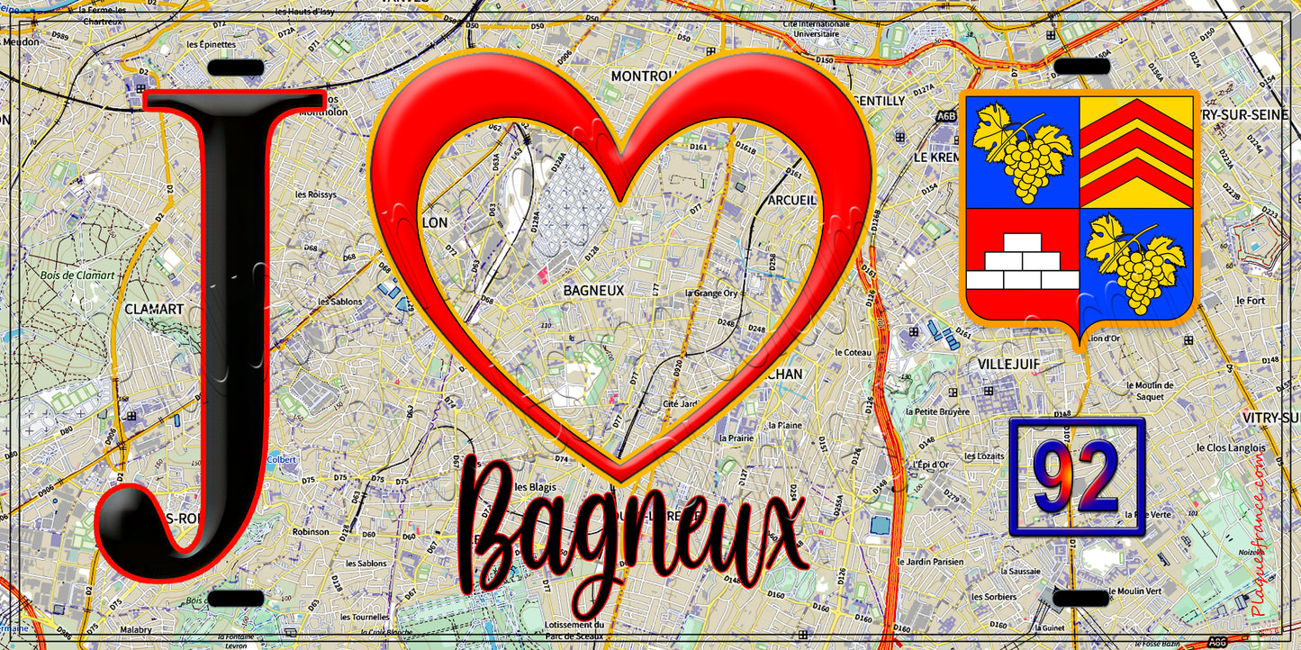 Plaque métal décorative  J' ❤️ Bagneux, Hauts de Seine (92) fond carte