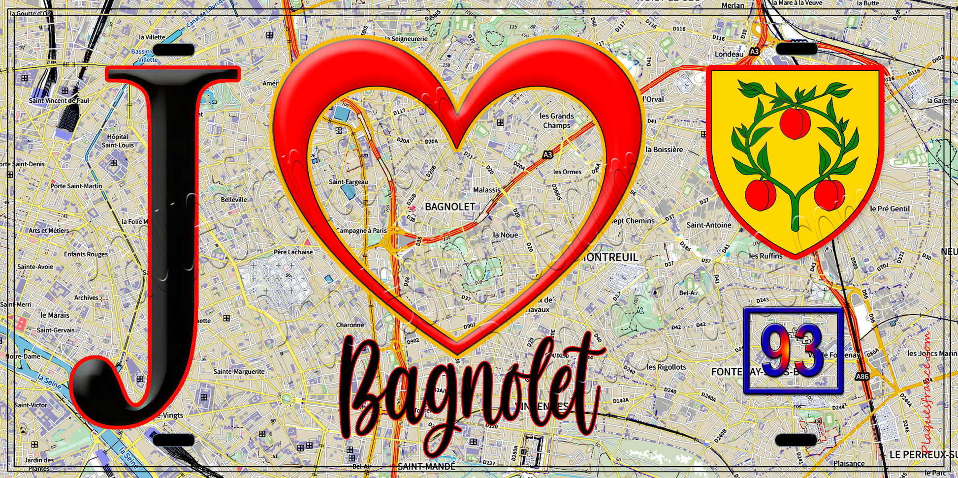 Plaque métal décorative  J' ❤️Bagnolet, Seine Saint Denis (93) fond carte