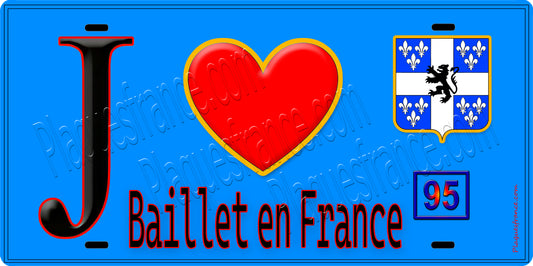 Plaque métal décorative  J' ❤️Baillet-en-France, Val d'Oise (95) fond bleu
