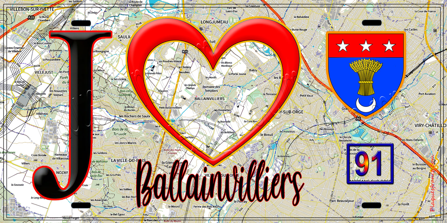 Plaque métal décorative  J' ❤️Ballainvilliers, Essonne (91) fond carte