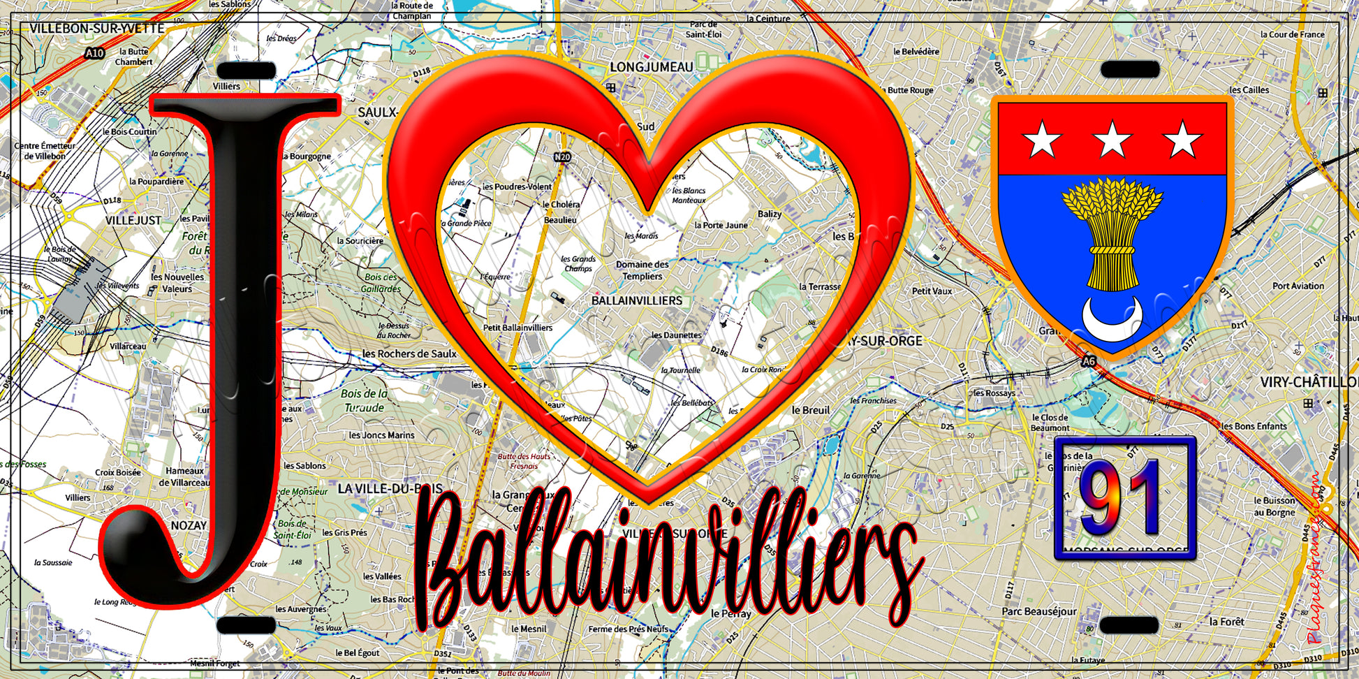 Plaque métal décorative  J' ❤️Ballainvilliers, Essonne (91) fond carte