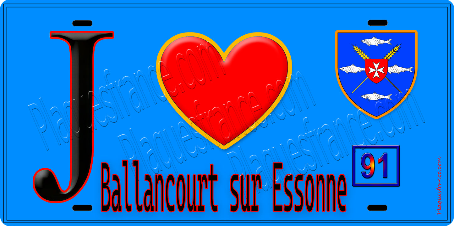 Plaque métal décorative  J' ❤️Ballancourt-sur-Essonne, Essonne (91 fond bleu