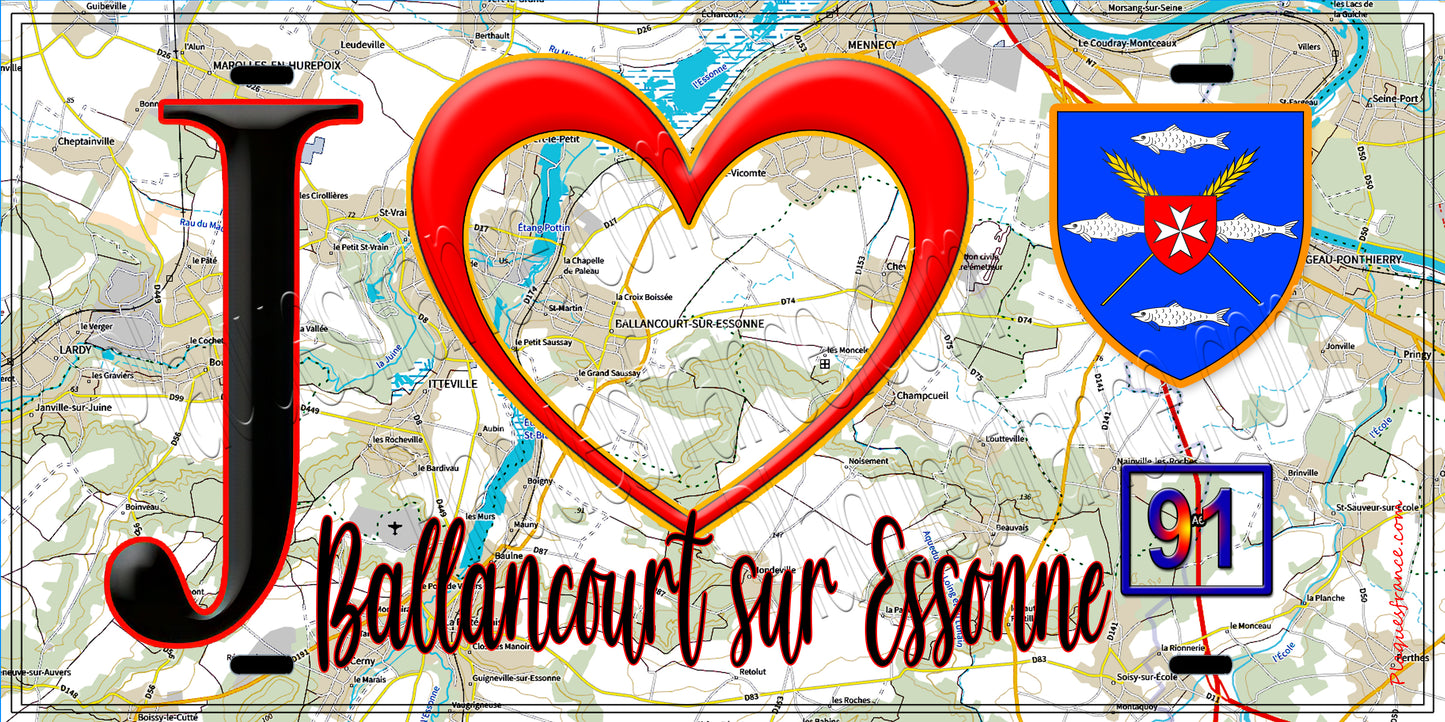 Plaque métal décorative  J' ❤️Ballancourt-sur-Essonne, Essonne (91 fond carte