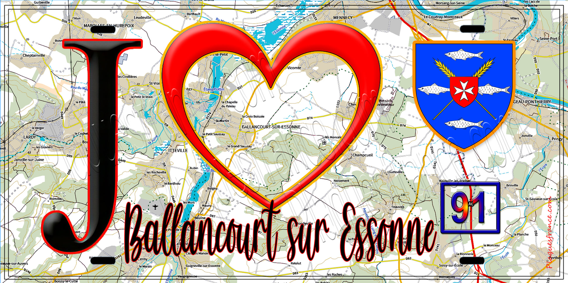 Plaque métal décorative  J' ❤️Ballancourt-sur-Essonne, Essonne (91 fond carte