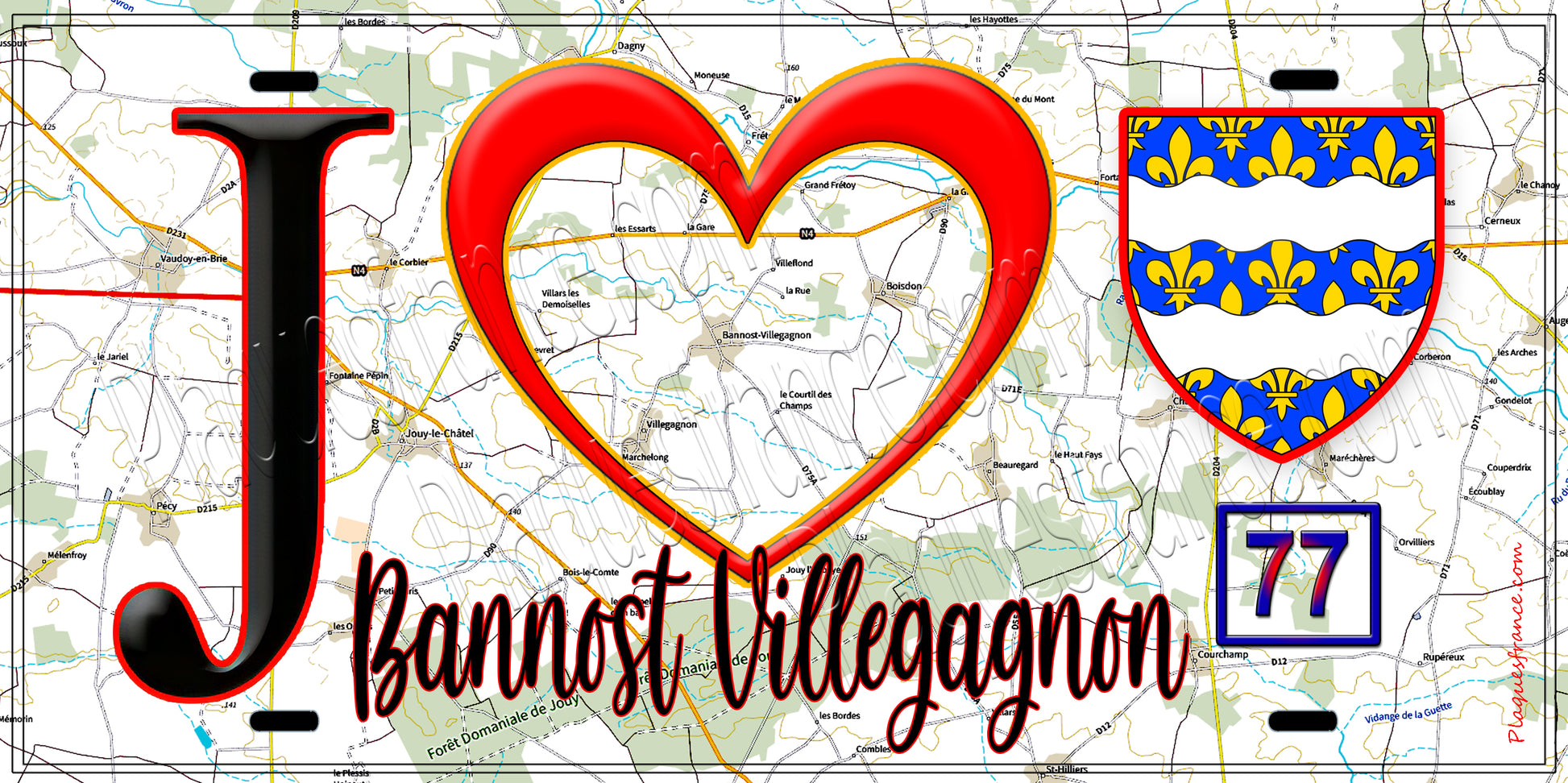 Plaque métal décorative  J' ❤️Bannost-Villegagnon, Seine et Mrne (77) fond carte