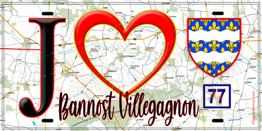 Plaque métal décorative  J' ❤️Bannost-Villegagnon, Seine et Mrne (77) fond carte