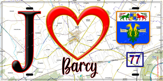 Plaque métal décorative  J' ❤️Barcy, Seine et Mrne (77) fond carte