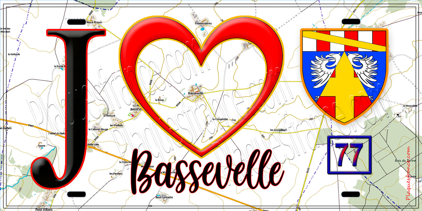 Plaque métal décorative  J' ❤️Bassevelle, Seine et Mrne (77) fond carte