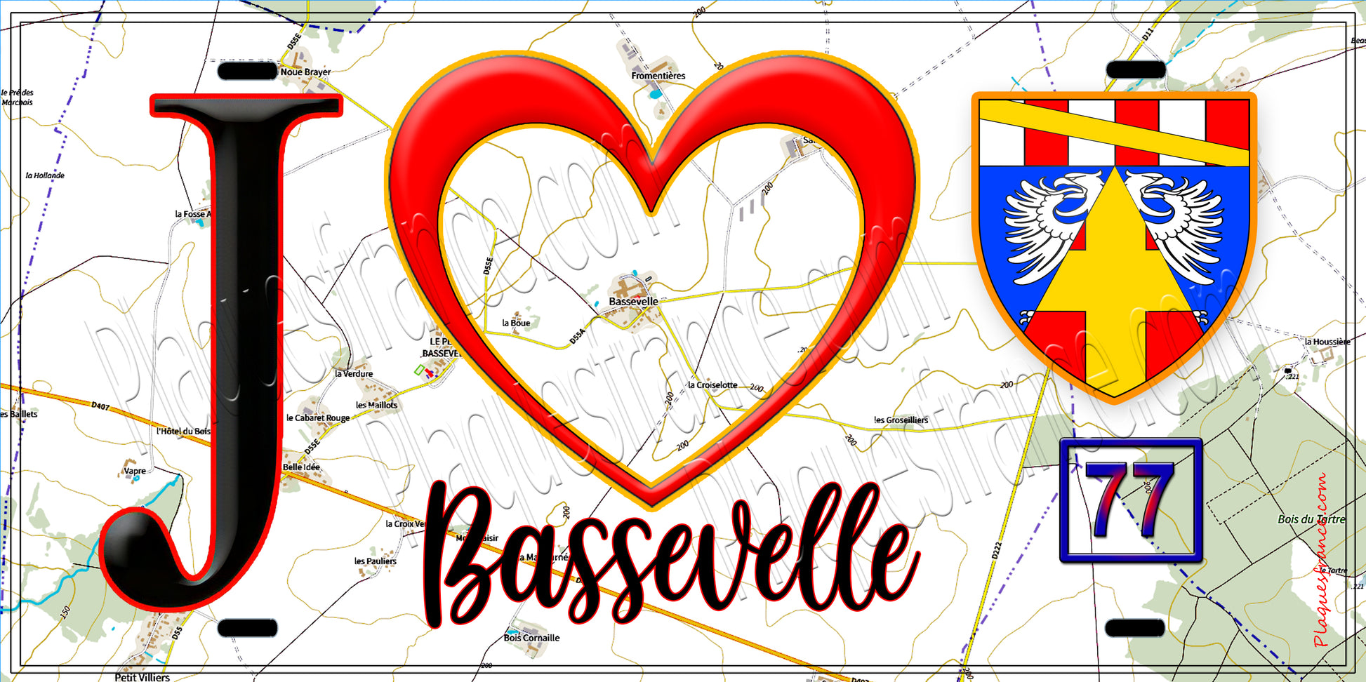 Plaque métal décorative  J' ❤️Bassevelle, Seine et Mrne (77) fond carte
