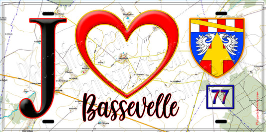 Plaque métal décorative  J' ❤️Bassevelle, Seine et Mrne (77) fond carte