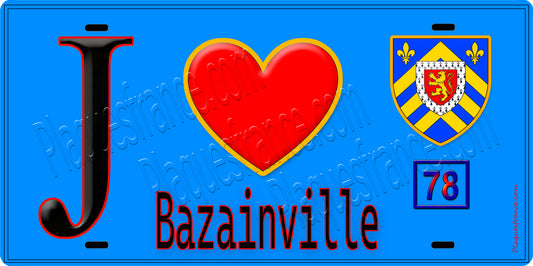 Plaque métal décorative  J' ❤️ Bazainville, Yvelines (78) bleu