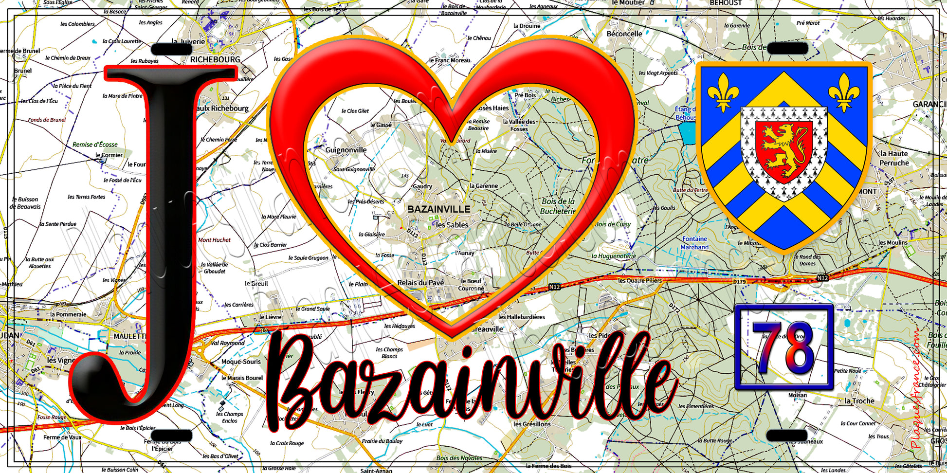 Plaque métal décorative  J' ❤️ Bazainville, Yvelines (78) fond carte