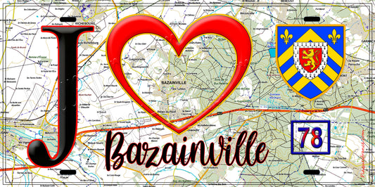 Plaque métal décorative  J' ❤️ Bazainville, Yvelines (78) fond carte