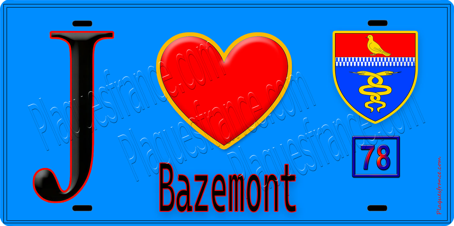 Plaque métal décorative  J' ❤️ Bazemont, Yvelines (78) fond bleu