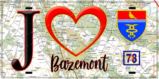 Plaque métal décorative  J' ❤️ Bazemont, Yvelines (78) fond carte