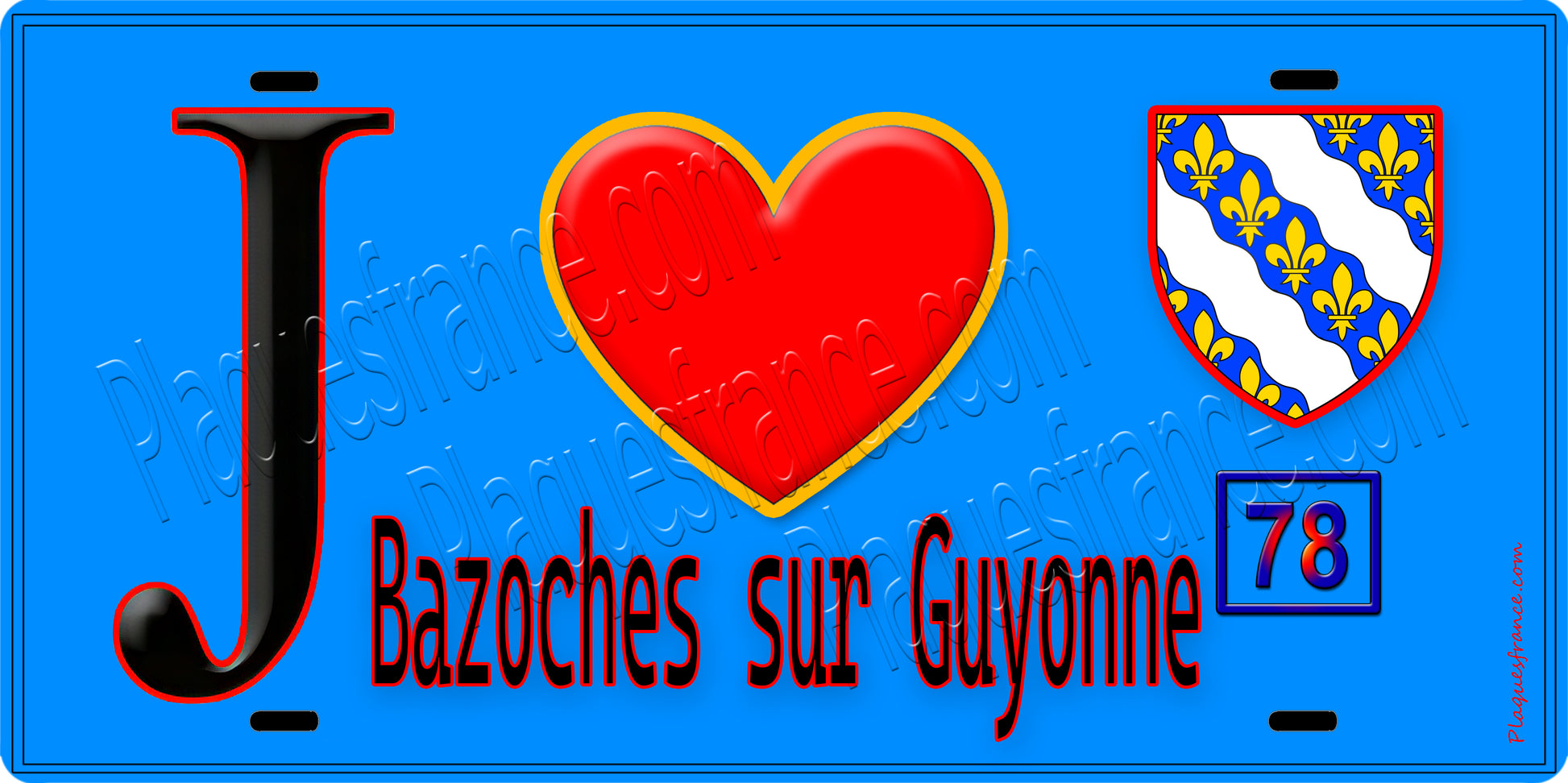 Plaque métal décorative  J' ❤️ Bazoches-sur-Guyonne, Yvelines (78) fond bleu