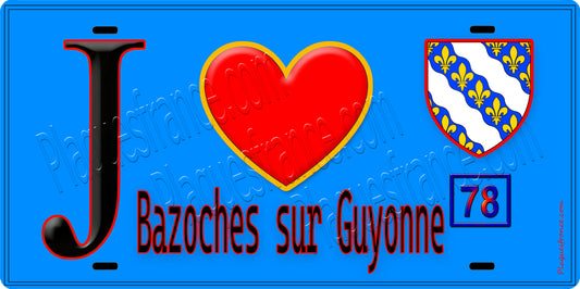 Plaque métal décorative  J' ❤️ Bazoches-sur-Guyonne, Yvelines (78) fond bleu
