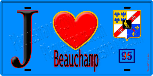 Plaque métal décorative  J' ❤️Beauchamp, Val d'Oise (95) fond bleu