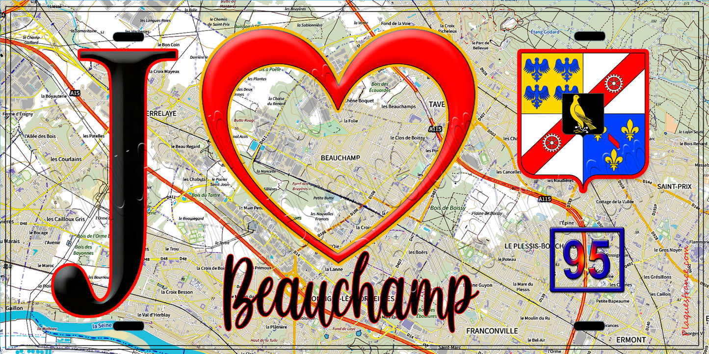 Plaque métal décorative  J' ❤️Beauchamp, Val d'Oise (95) fond carte