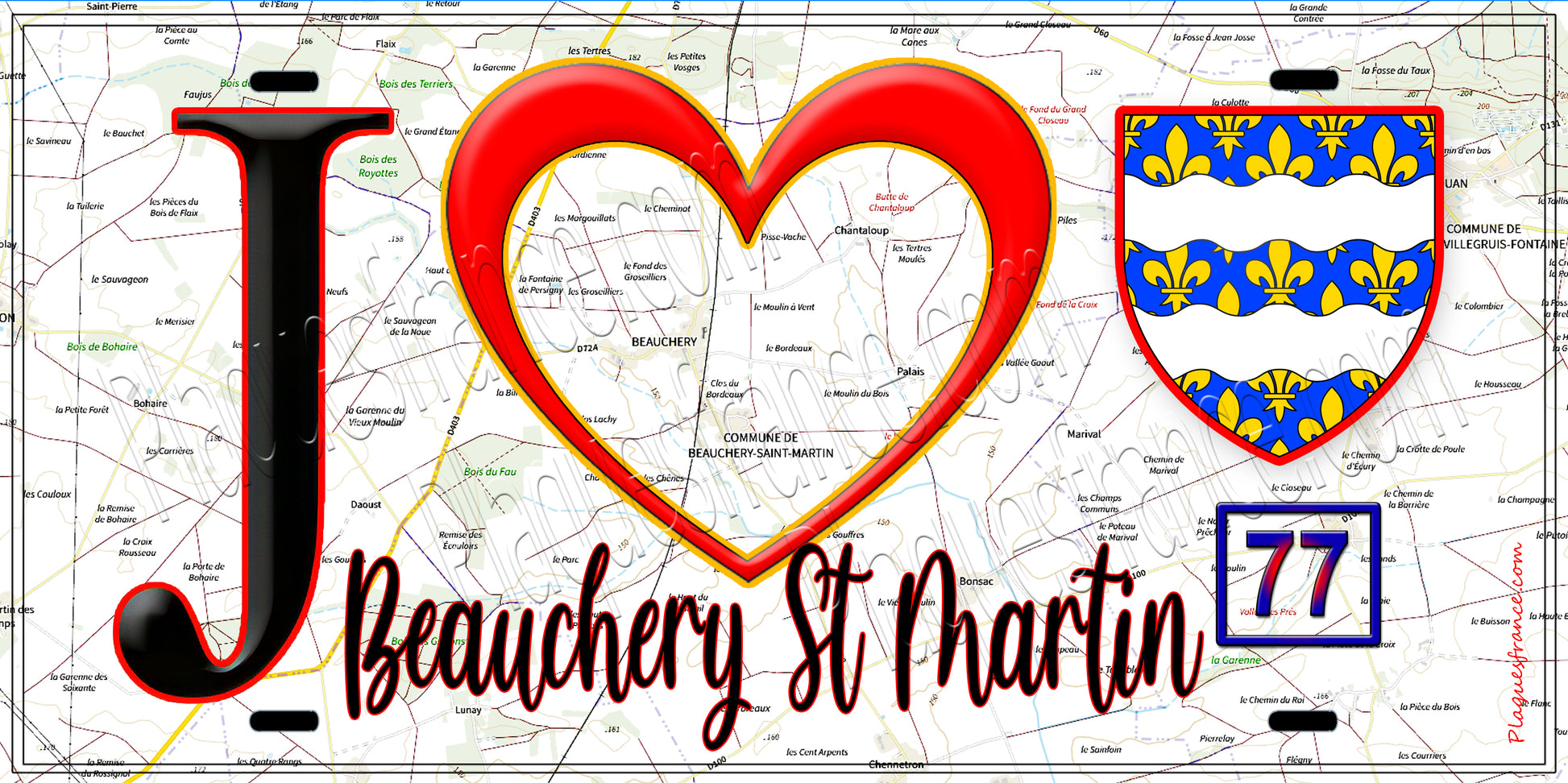 Plaque métal décorative  J' ❤️Beauchery-Saint-Martin, Seine et Mrne (77) fond carte