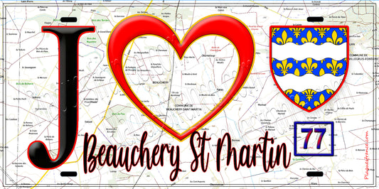 Plaque métal décorative  J' ❤️Beauchery-Saint-Martin, Seine et Mrne (77) fond carte