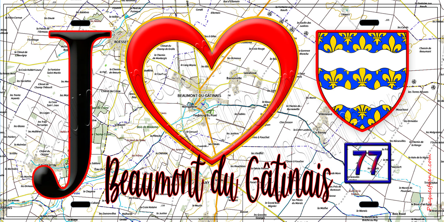 Plaque métal décorative  J' ❤️Beaumont-du-Gâtinais, Seine et Mrne (77) fond carte
