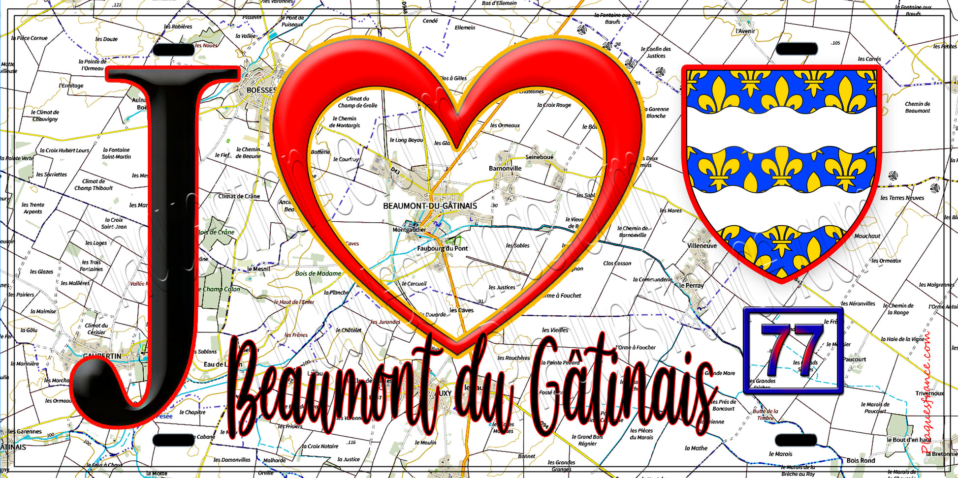 Plaque métal décorative  J' ❤️Beaumont-du-Gâtinais, Seine et Mrne (77) fond carte