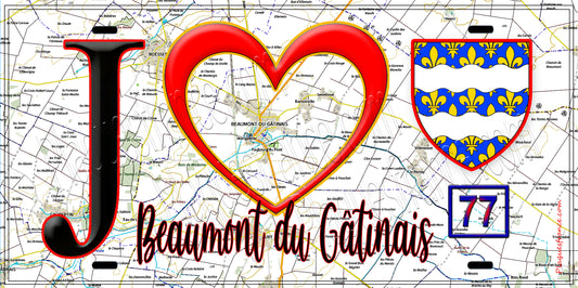 Plaque métal décorative  J' ❤️Beaumont-du-Gâtinais, Seine et Mrne (77) fond carte