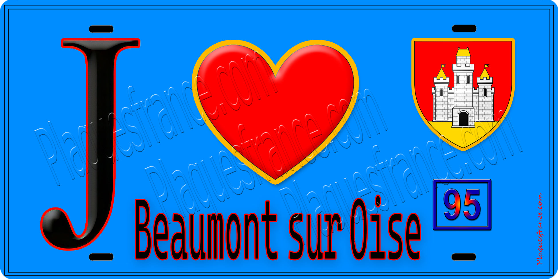 Plaque métal décorative  J' ❤️Beaumont-sur-Oise, Val d'Oise (95) fond bleu
