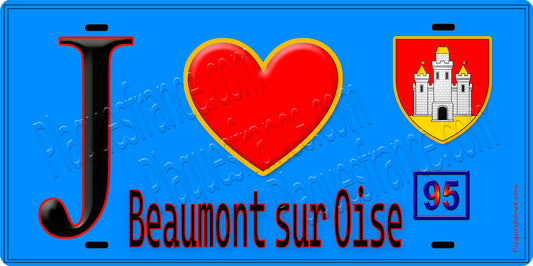 Plaque métal décorative  J' ❤️Beaumont-sur-Oise, Val d'Oise (95) fond bleu