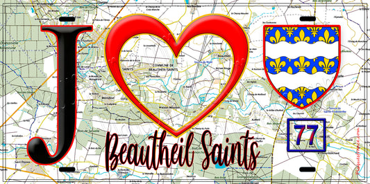Plaque métal décorative  J' ❤️Beautheil-Saints, Seine et Mrne (77) fond carte