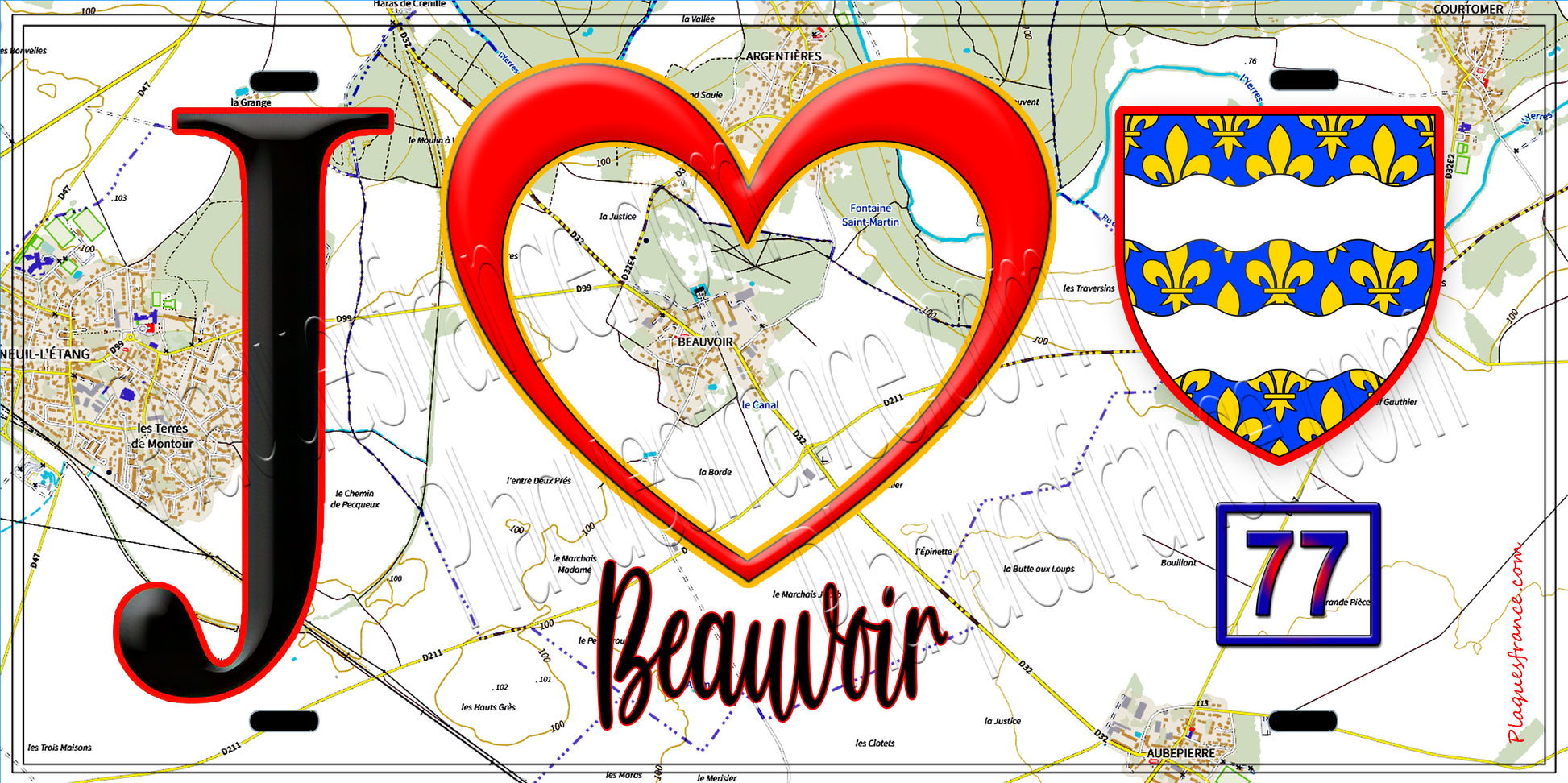 Plaque métal décorative  J' ❤️Beauvoir, Seine et Mrne (77) fond carte