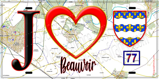 Plaque métal décorative  J' ❤️Beauvoir, Seine et Mrne (77) fond carte