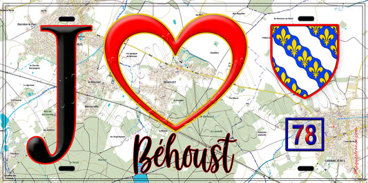 Plaque métal décorative  J' ❤️ Béhoust, Yvelines (78) fond carte