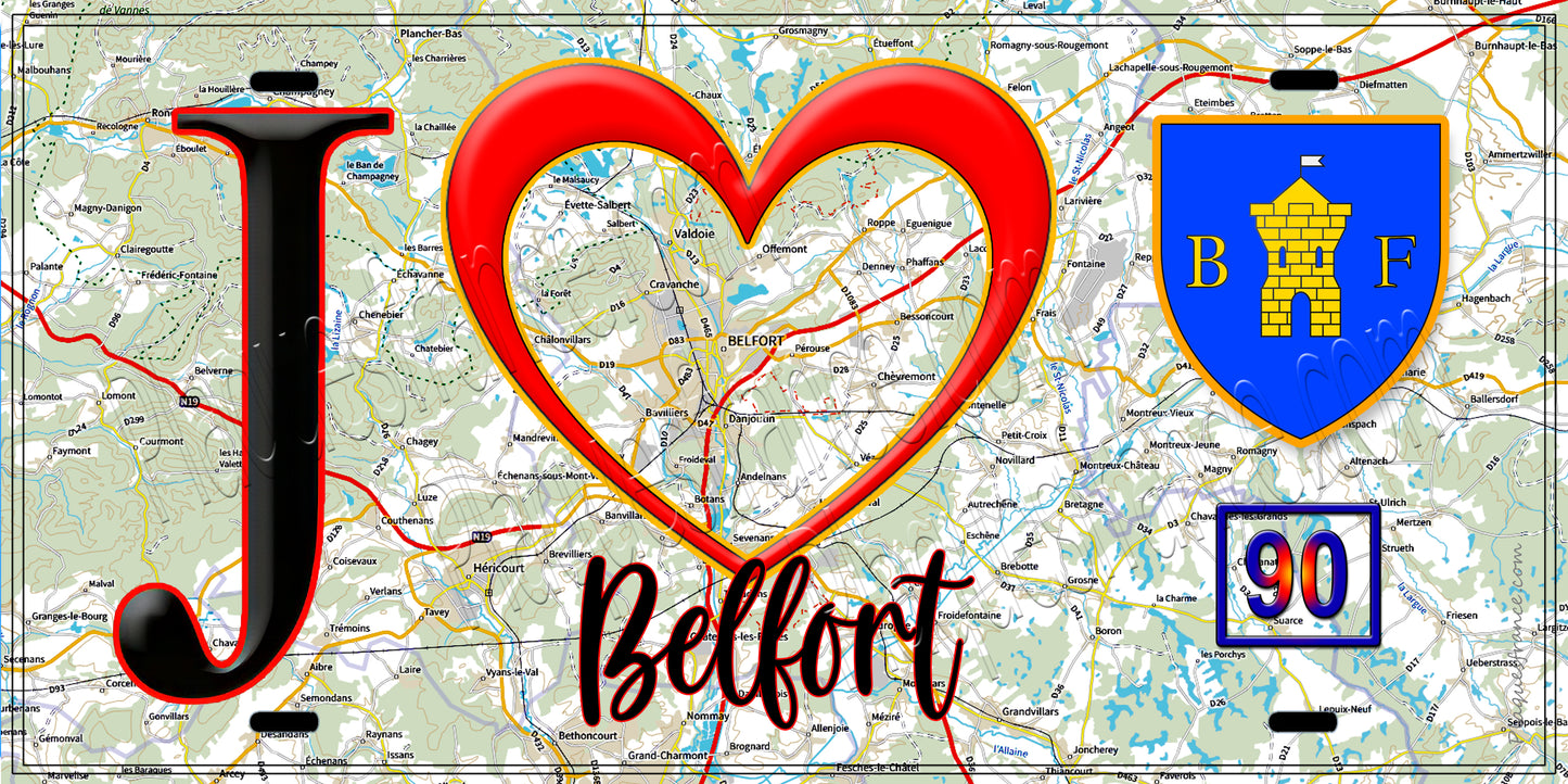 Plaque métal décorative  J' ❤️ Belfort, Territoire de Belfort (90) fond carte
