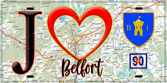 Plaque métal décorative  J' ❤️ Belfort, Territoire de Belfort (90) fond carte