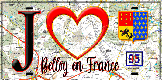 Plaque métal décorative  J' ❤️Belloy-en-France, Val d'Oise (95) fond carte
