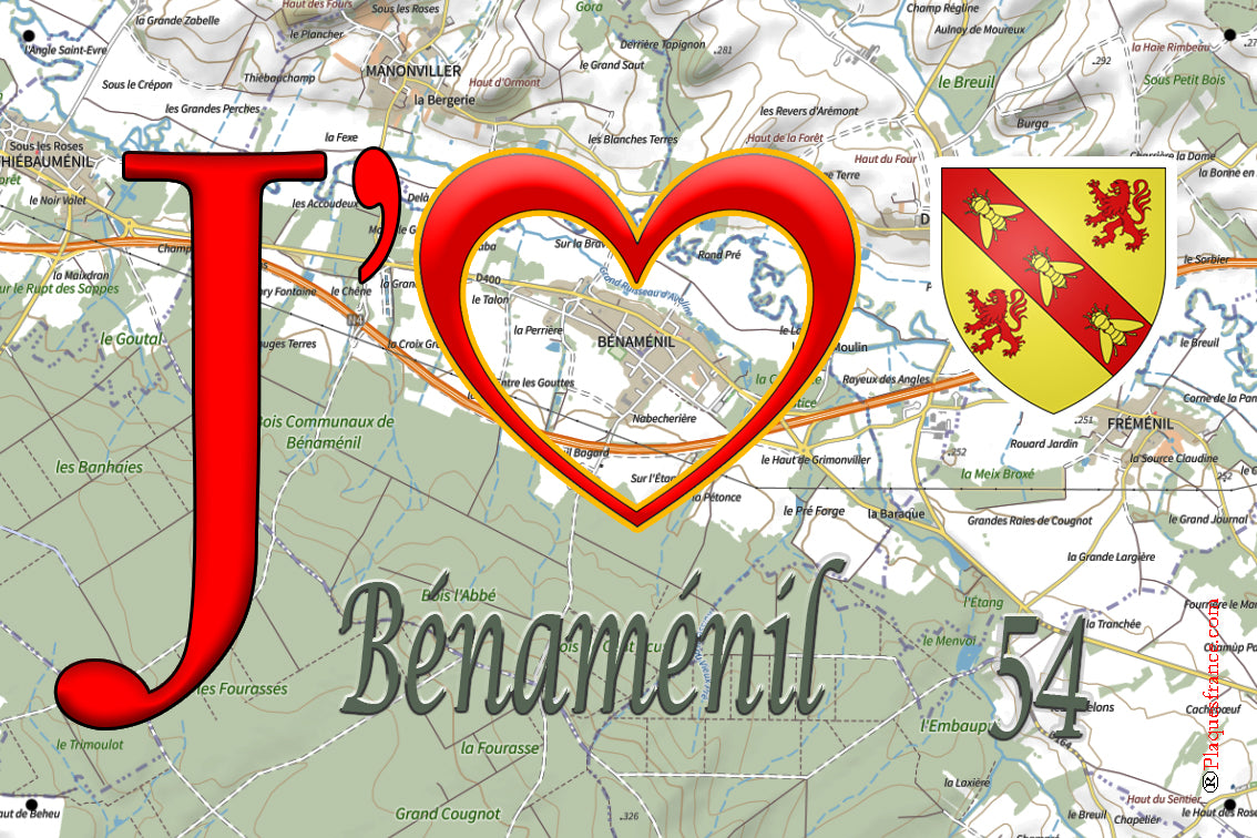 Plaque métal décorative 20 x 30 cm, J'❤️ Bénaménil, Meurthe et Moselle (54)