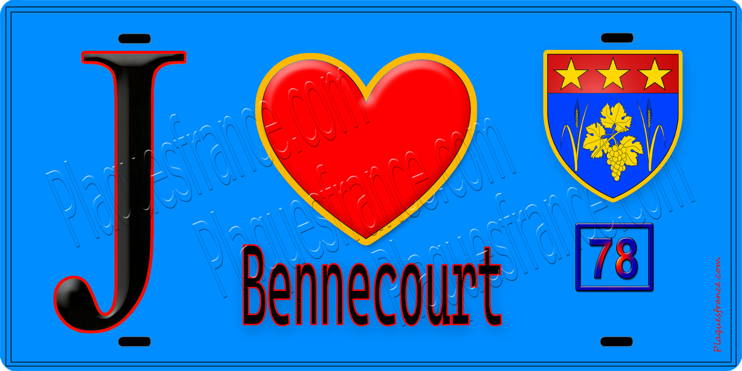 Plaque métal décorative  J' ❤️ Bennecourt, Yvelines (78) fond bleu