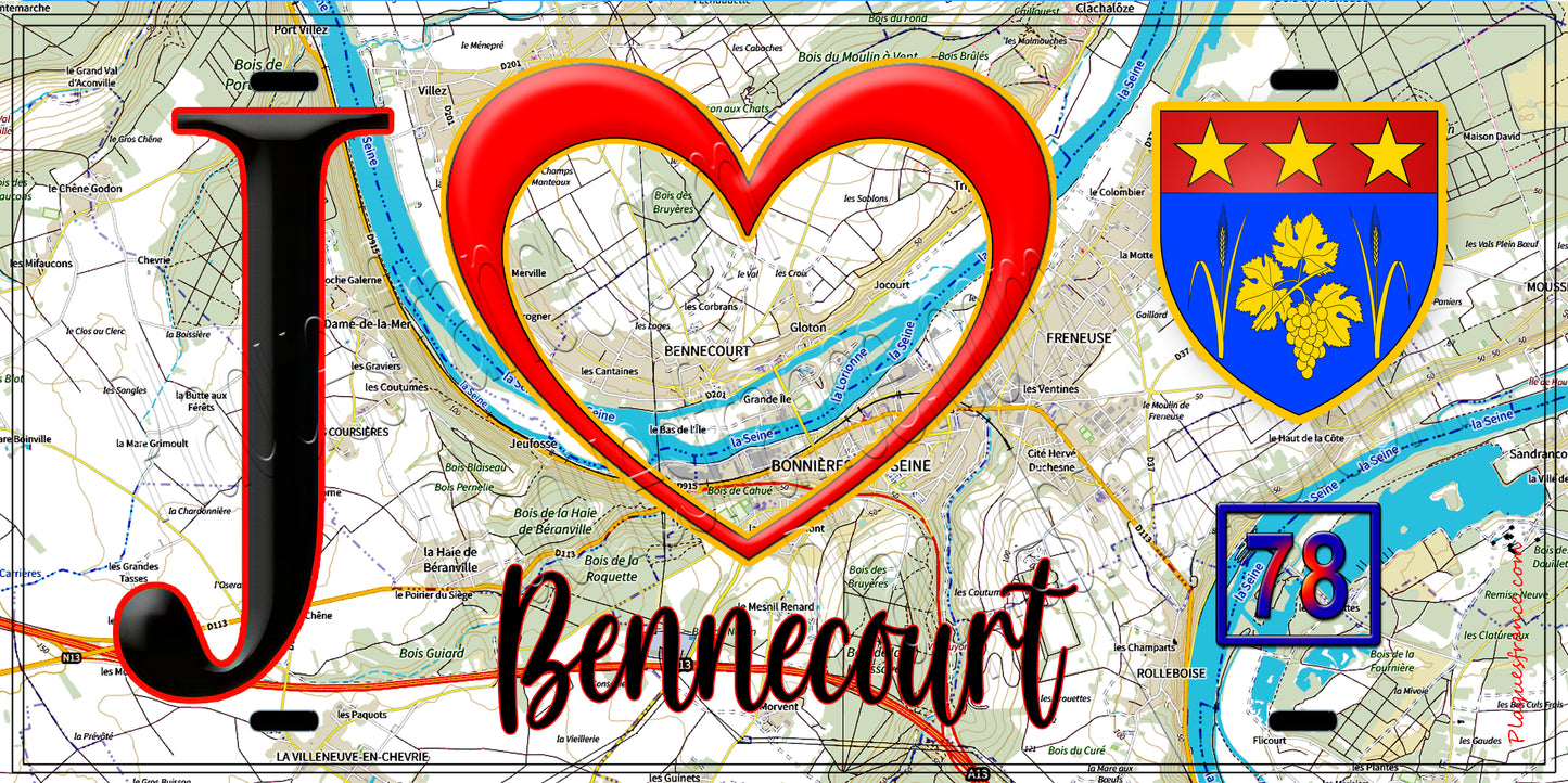 Plaque métal décorative  J' ❤️ Bennecourt, Yvelines (78) fond carte